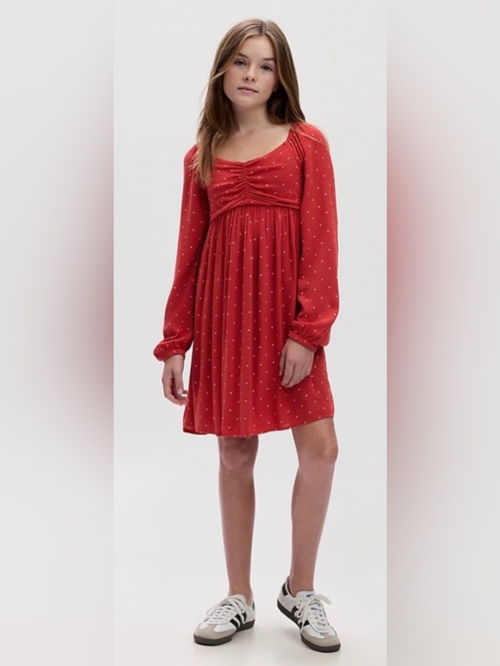 NWT Gap Girls Red Long-Sleeve Polka Dot Heart Print Empire Waist Dress
